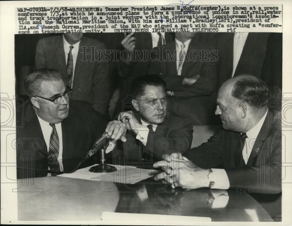 1958 Press Photo Teamster Pres James Hoffa Shown at Press Conference - nem34451 - Historic Images