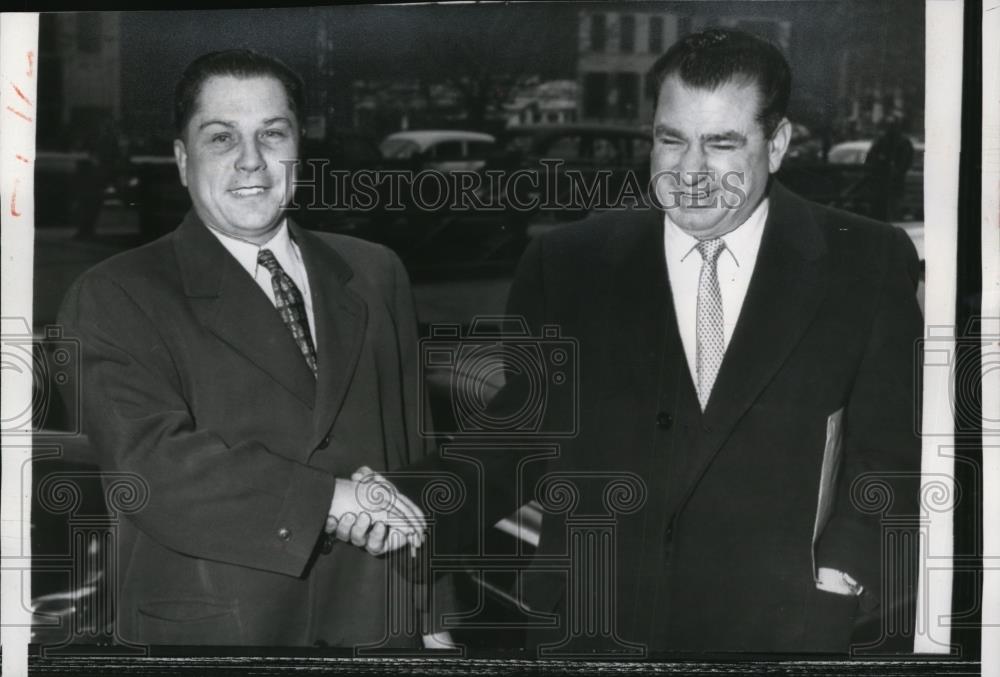 1957 Press Photo Teamster Pres-Elect James Hoffa Shakes Hands with Sando Carvano - Historic Images