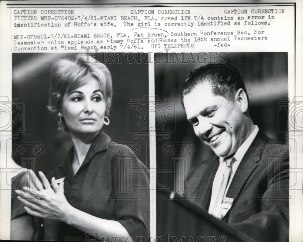 1961 Press Photo Pat Brown Applauds as Jimmy Hoffa Addresses 18th Convention - Historic Images