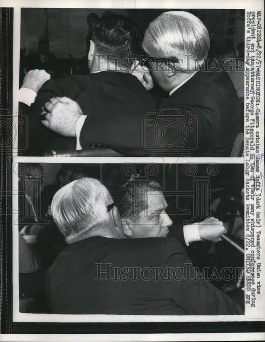 1957 Press Photo Teamsters Union Vice President James Hoffa talks with attorney - Historic Images