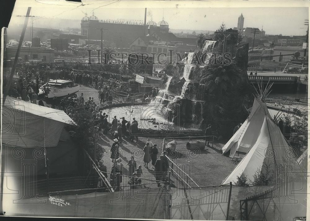 1935 Press Photo Man-made waterfalls at 1935 Sportsmen&#39;s Fair - sps07700 - Historic Images