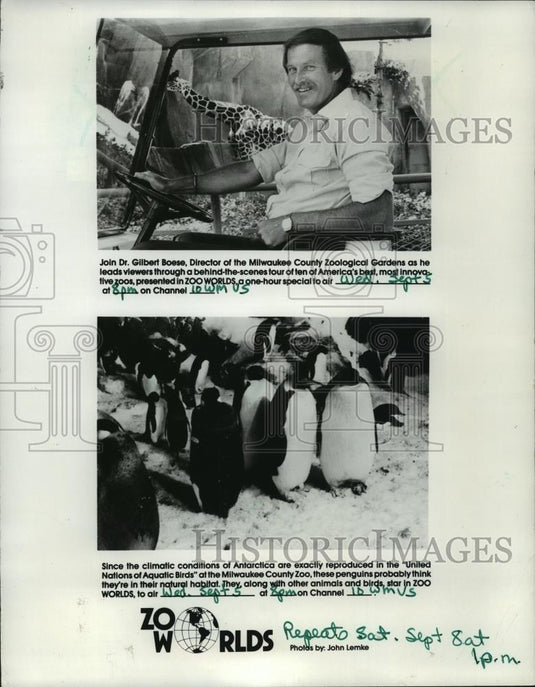 1984 Press Photo Milwaukee Zoo Director Gilbert Boese leads "Zoo Worlds" show - Historic Images