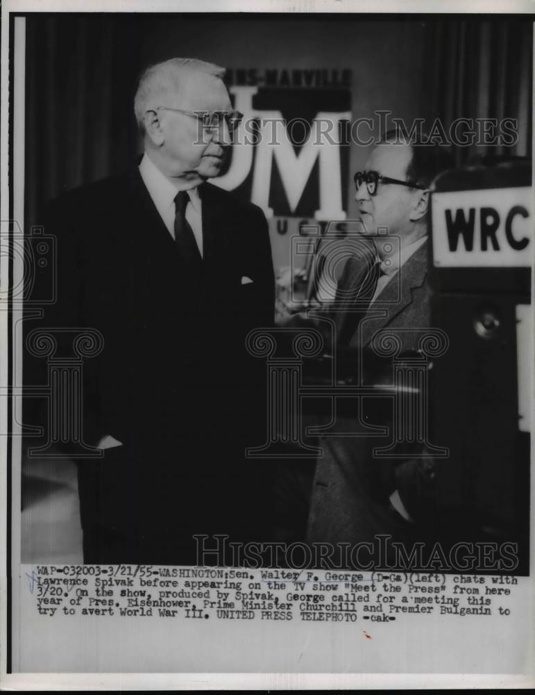1955 Press Photo Sen. Walter George Chats With Lawrence Spivak Before The Show - Historic Images