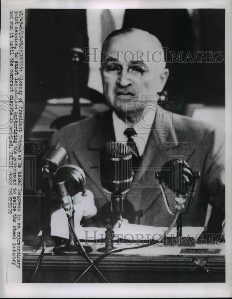 1952 Press Photo President Truman speaks to Congress to seize steel industry - Historic Images