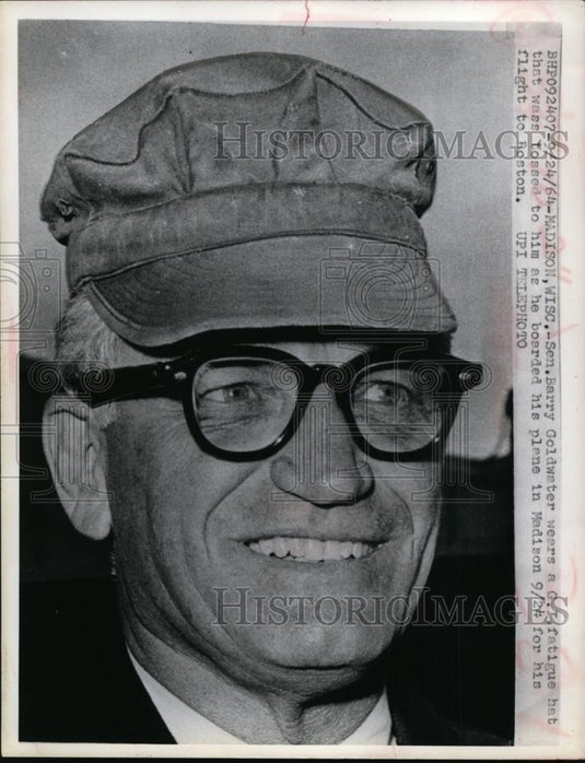 1964 Press Photo Senator Barry Goldwater Wears G.I. Fatigue Hat, Madison, WISC - Historic Images