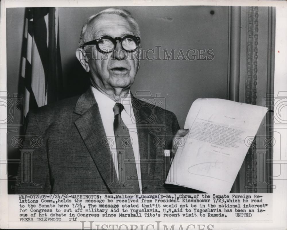 1956 Press Photo Senator Walter F. George with Letter from President Eisenhower - Historic Images