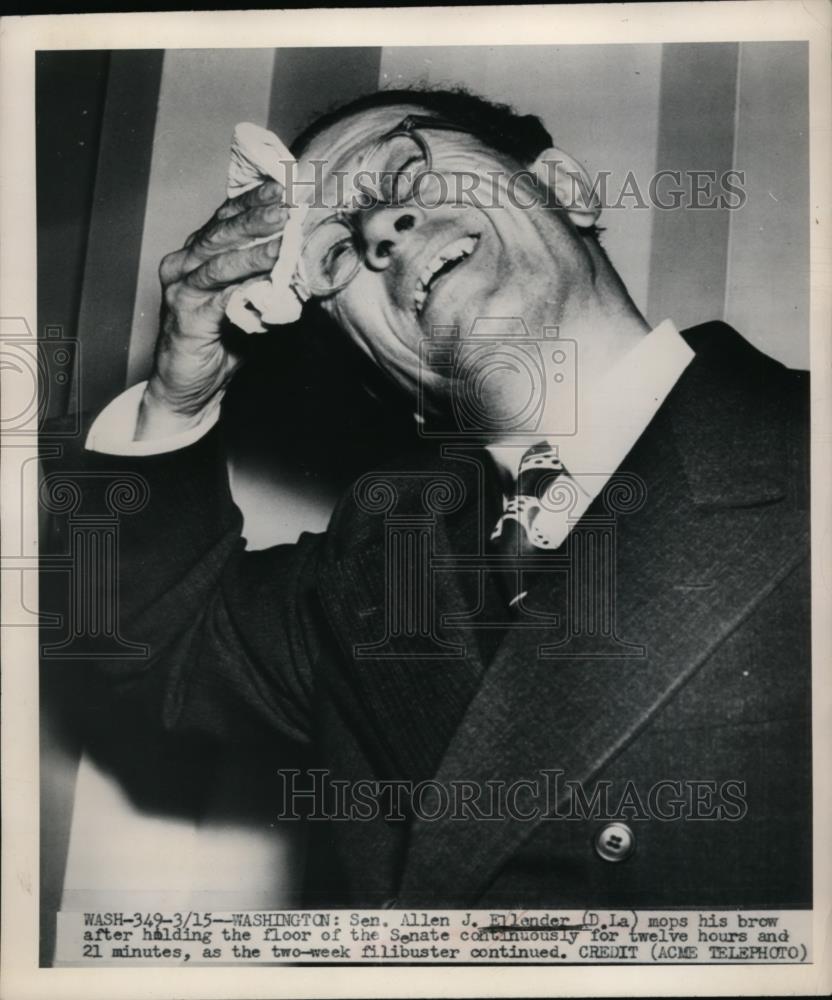 1949 Press Photo Sen. Allen J. Ellender Wipes Brow After His Part in Filibuster - Historic Images