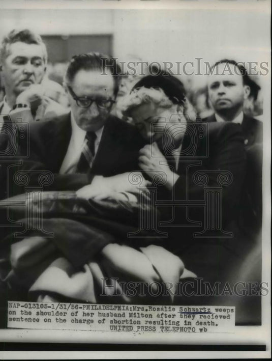 1956 Press Photo Rosalie Schwartz Weeps on Husband's Shoulder After Sentencing - Historic Images