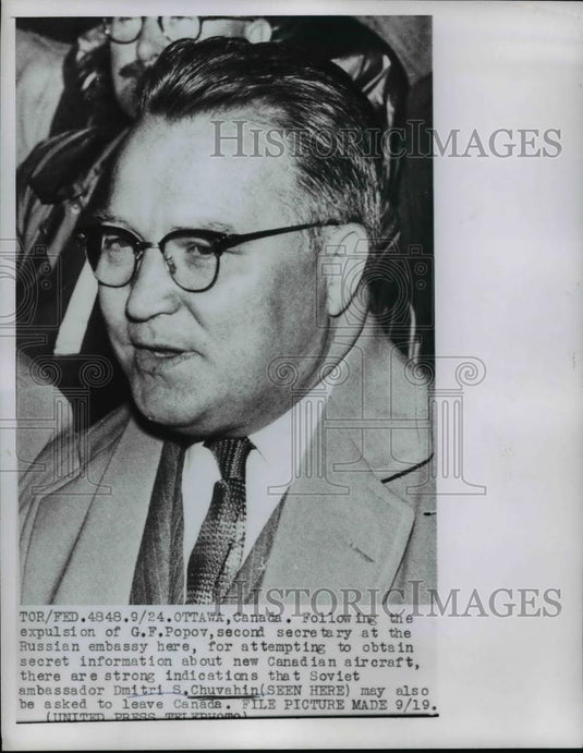1956 Press Photo Soviet Ambassador Dmitri Chuvahin in Popov Expulsion Case - Historic Images