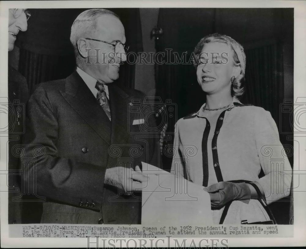 1952 Press Photo President Truman &amp; Suzanne Johnson Queen of Pres Cup Regatta - Historic Images