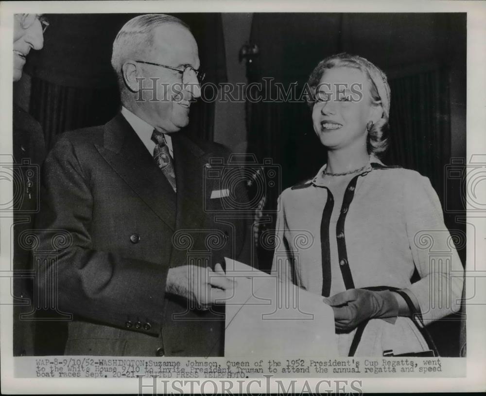 1952 Press Photo President Truman & Suzanne Johnson Queen of Pres Cup Regatta - Historic Images