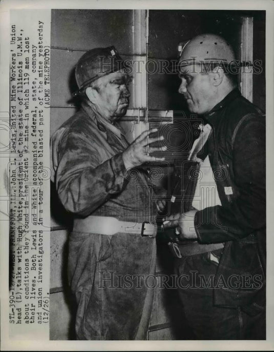 1951 Press Photo John L Lewis of United Mine Workers, Hugh White in Orient Mine - Historic Images