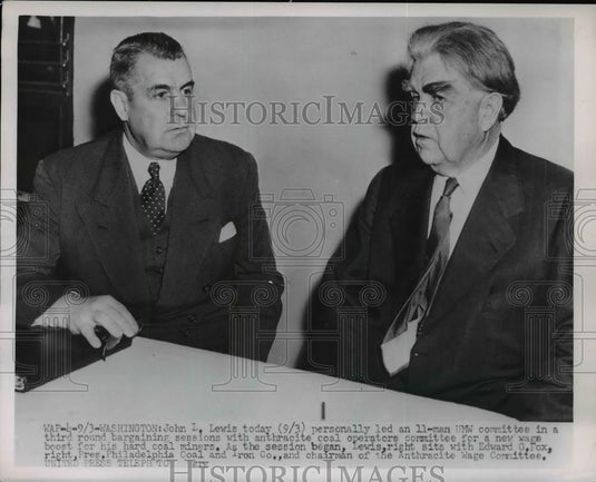 1952 Press Photo John L Lewis of UMW, Edward Fox in Anthracite Wage Committee - Historic Images