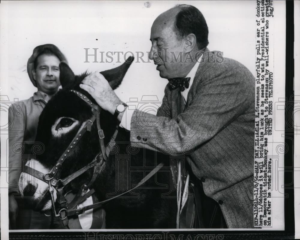 1956 Press Photo Adlai Stevenson Pulls on Donkey&#39;s Ear for Luck - nep08707 - Historic Images