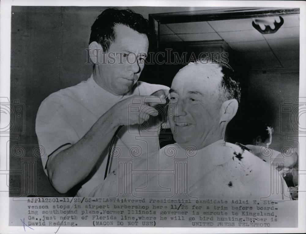 1955 Press Photo Adlai Stevenson Stops by Airport Barbershop for Haircut - Historic Images