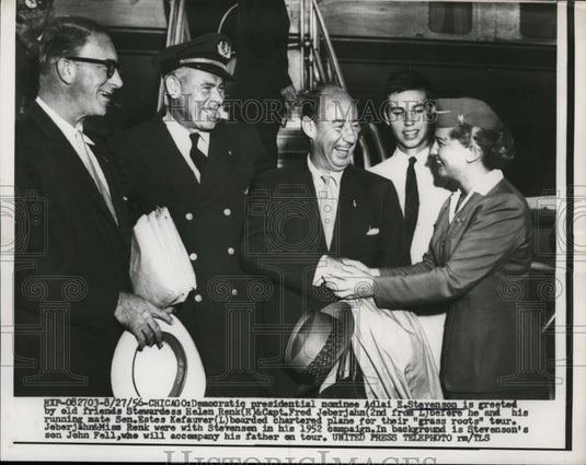 1956 Press Photo Adlai Stevenson Greeted by Helen Rank & Fred Joberjahn - Historic Images