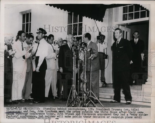 1952 Press Photo Harry Truman, Adlai Stevenson, John Sparkman White House Confer - Historic Images