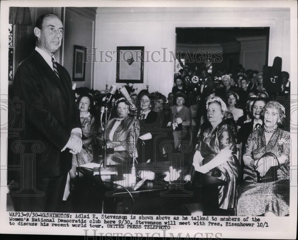 1953 Press Photo Adlai Stevenson at Women&#39;s Democratic Club Meeting, Washington - Historic Images