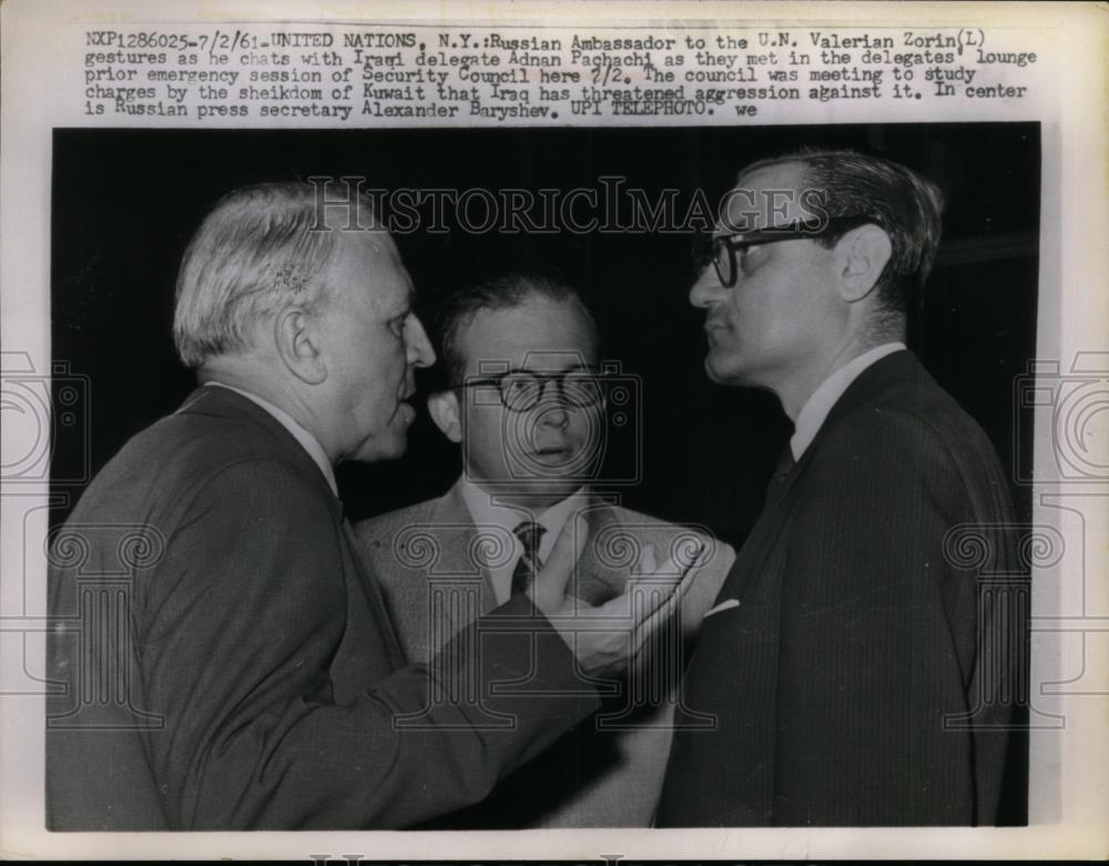 1961 Press Photo Valerian Zorin w/ Adnan Pachachi  at United Nations Council - Historic Images