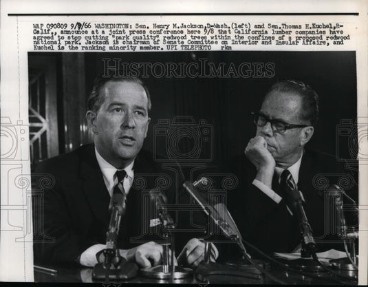 1966 Press Photo Henry Jackson, Thomas Kuchel Announces Stop of Redwood Cutting - Historic Images