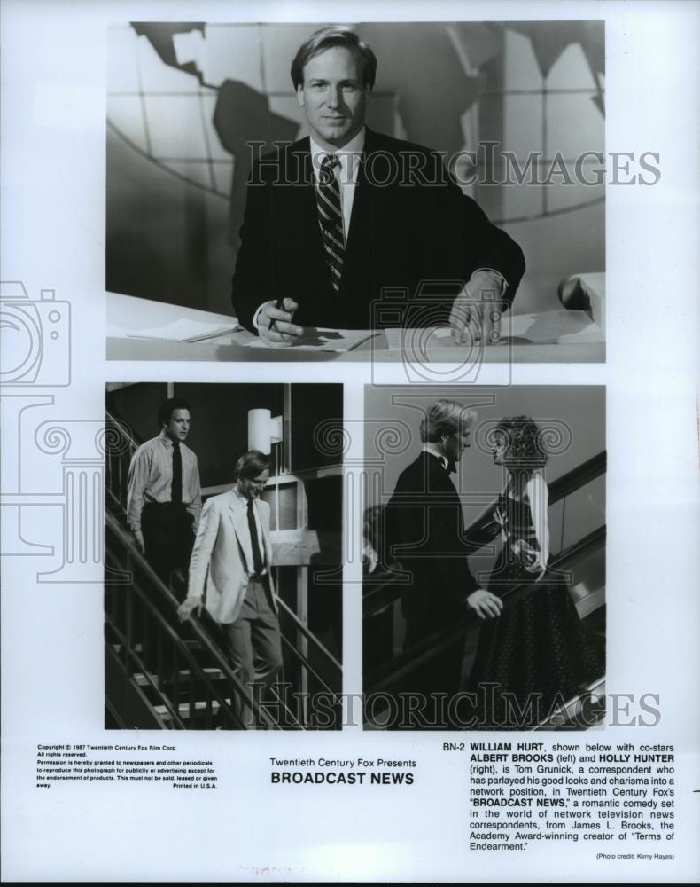 1987 Press Photo William Hurt, Albert Brooks and Holly Hunter in Broadcast News. - Historic Images