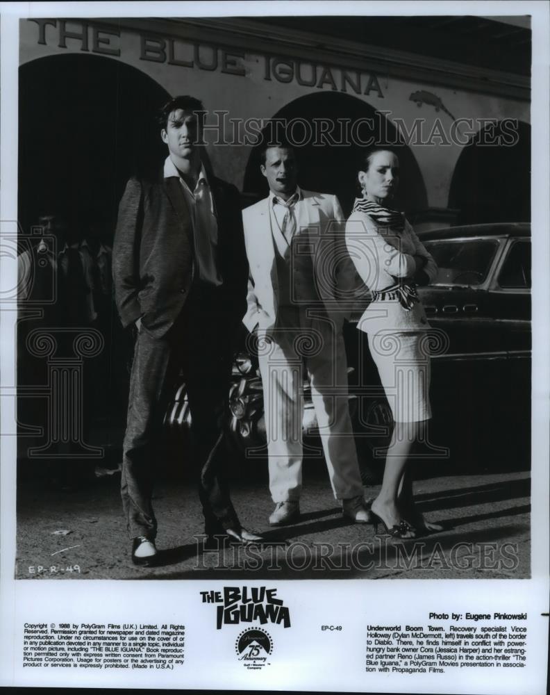 1988 Press Photo Dylan McDermott and Jessica Harper in The Blue Iguana. - Historic Images