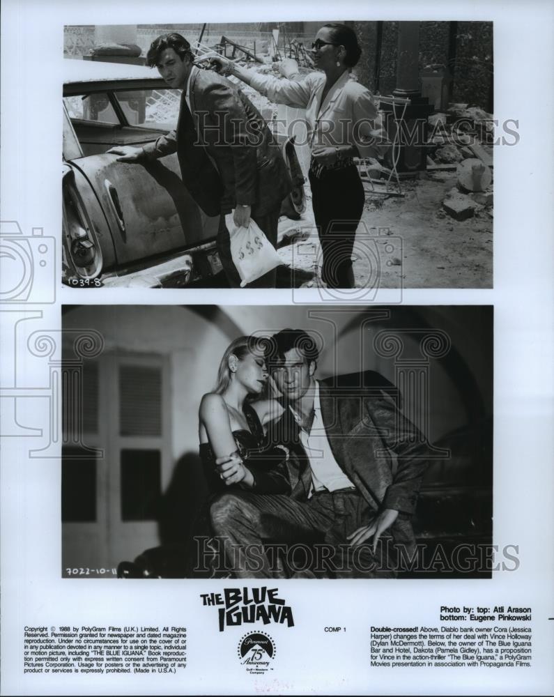 1988 Press Photo Jessica Harper and Dylan McDermott star in The Blue Iguana. - Historic Images