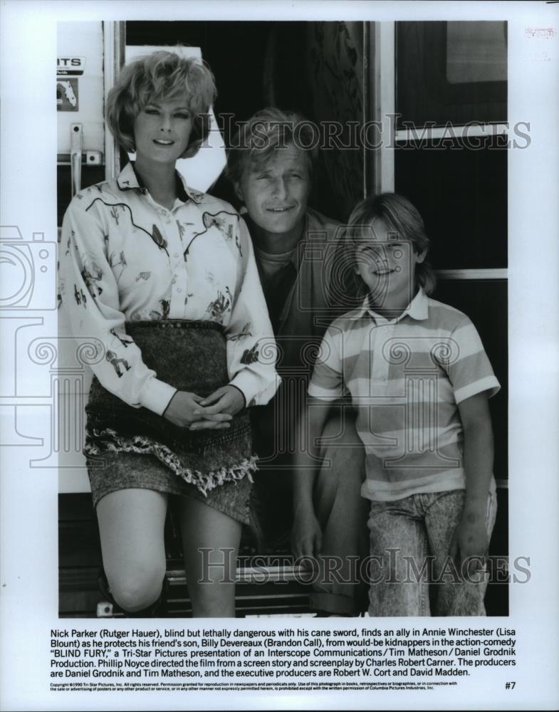 1990 Press Photo Rutger Hauer, Brandon Call and Lisa Blount in Blind Fury. - Historic Images