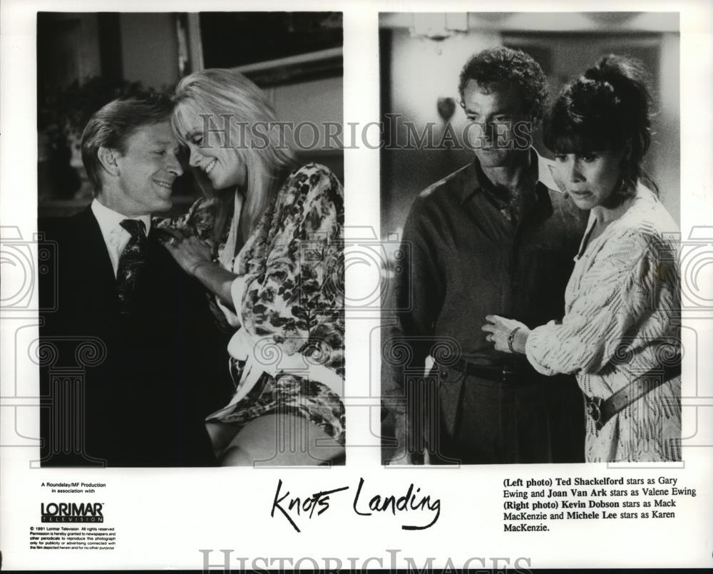 1991 Press Photo Ted Shackelford, Joan Van Ark & Kevin Dobson in Knots Landing. - Historic Images