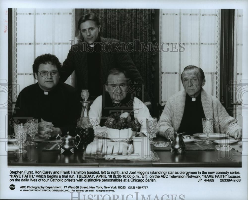 1989 Press Photo Stephen Furst, Ron Carey and Frank Hamilton in Have Faith. - Historic Images