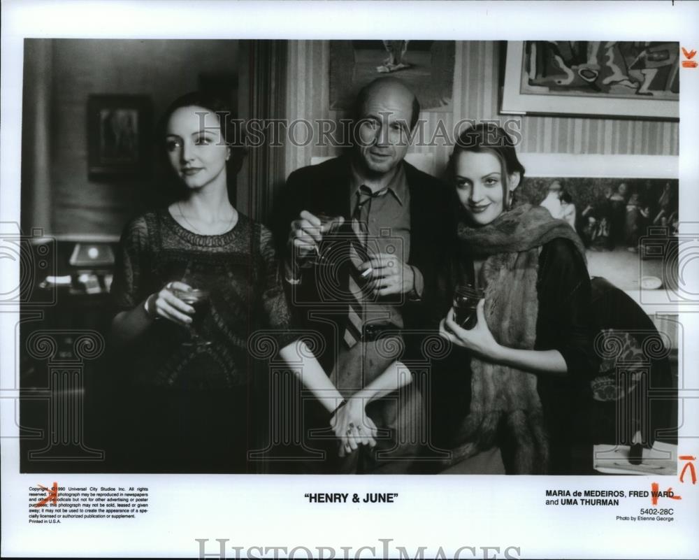 1990 Press Photo Maria de Medeiros, Fred Ward & Uma Thurman in Henry & June, - Historic Images