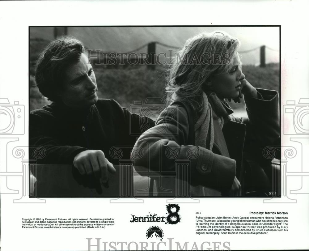 1992 Press Photo Andy Garcia and Uma Thurman in a scene from Jennifer 8. - Historic Images