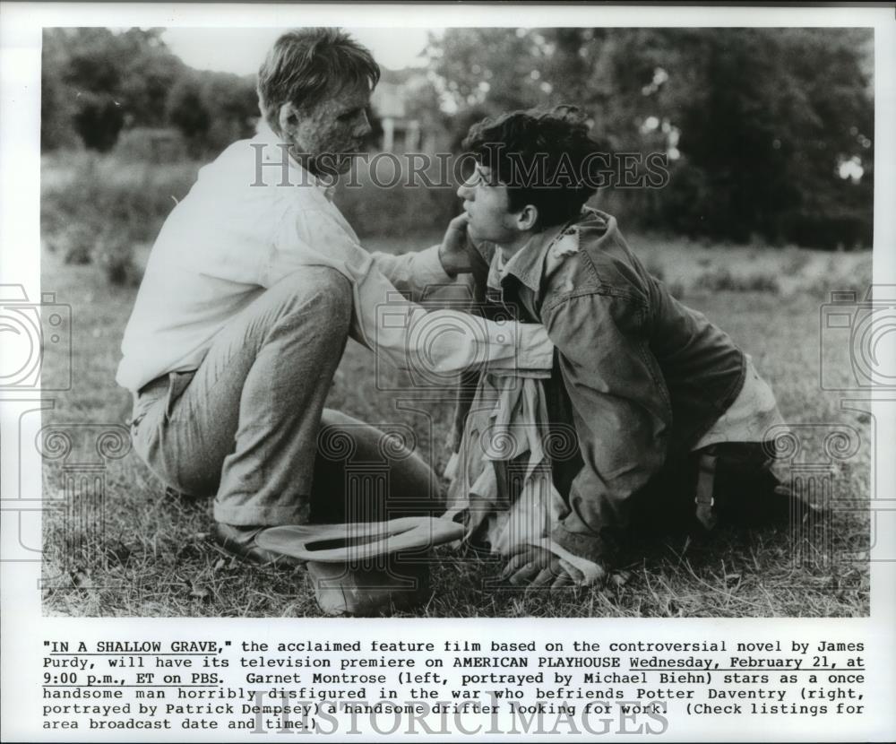1990 Press Photo Michael Biehn and Patrick Dempsey in In a Shallow Grave, on PBS - Historic Images