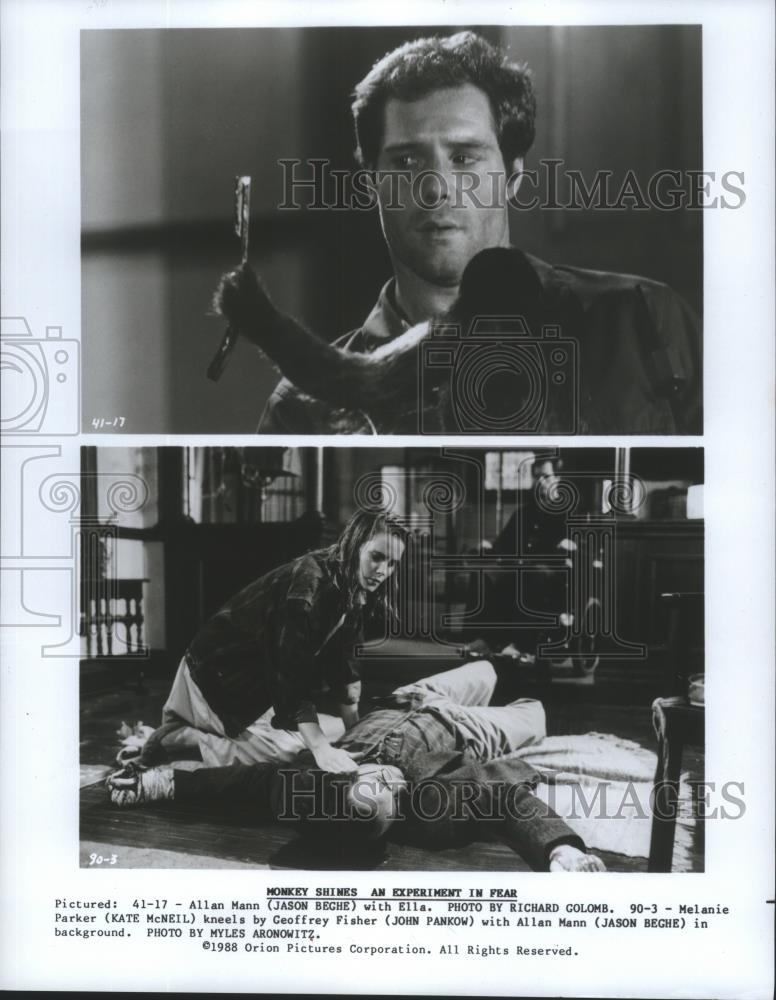 1988 Press Photo Jason Beghe, Kate McNeil and John Pankow in Monkey Shines. - Historic Images