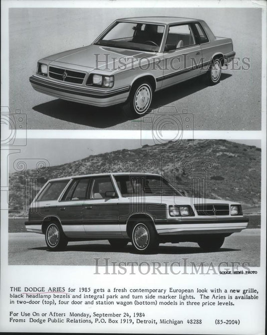 1984 Press Photo Dodge Aries for 1985 in two-door and four-door models - Historic Images