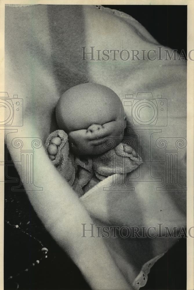 1984 Press Photo Goo Goo Kids doll, soft sculpted puppet with basket and blanket - Historic Images