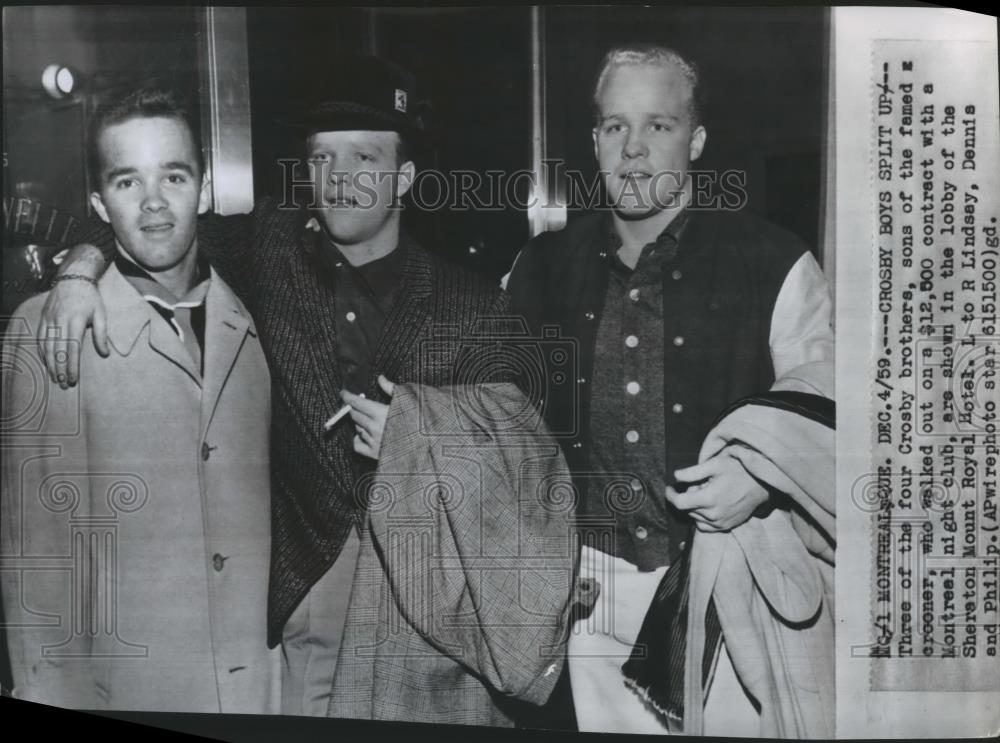 1959 Press Photo Lindsay, Dennis &amp; Phillip Crosby at Sheraton Mount Royal Hotel. - Historic Images