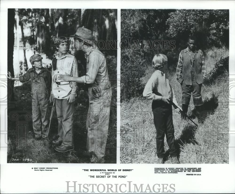 1975 Press Photo Eric Shea, Ike Eisenmann &amp; Rex Corley in The Secret of the Pond - Historic Images