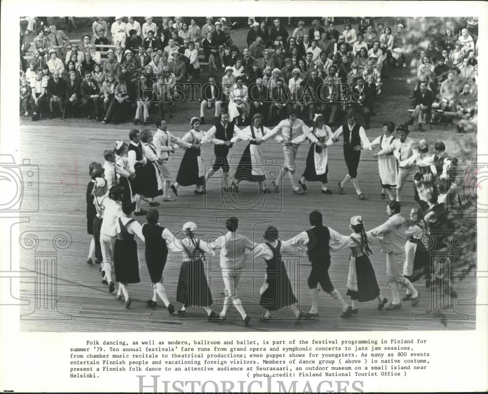 Dancers perform Finnish folk dance at Finland Seurasaari museum, 1980 ...