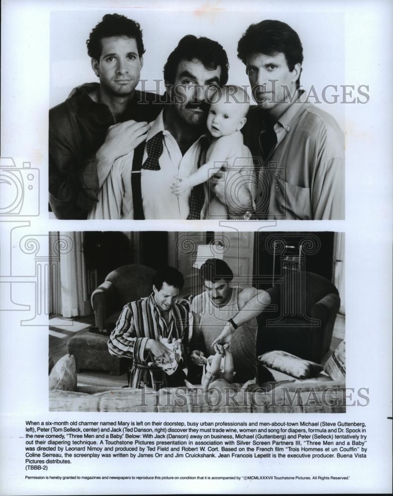 1987 Press Photo Tom Selleck and Steve Guttenberg in Three Men and a Baby. - Historic Images