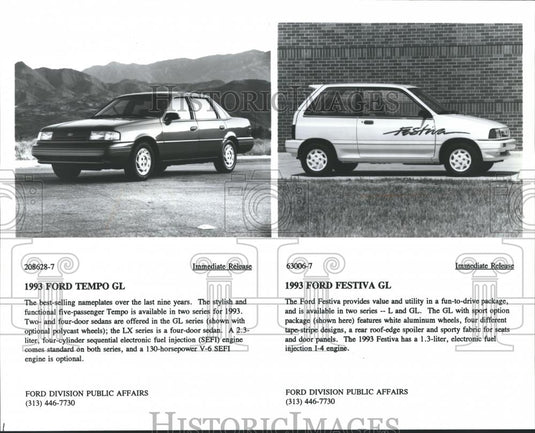 1993 Press Photo Side Views of the Ford Tempo GL and Ford Festiva GL Cars - Historic Images
