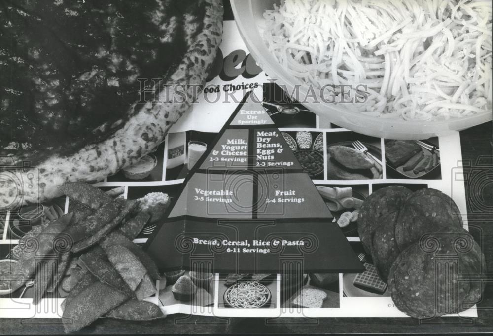 1995 Press Photo A pizza-based, edible model of the USDA Food Guide Pyramid - Historic Images