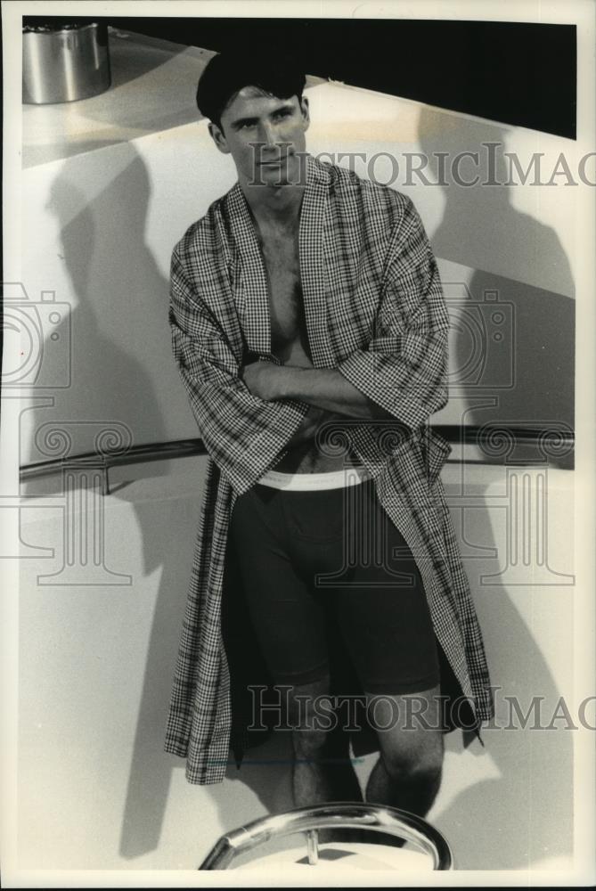 1993 Press Photo Man Modeling the Jockey Pouch Collection Underwear with Robe - Historic Images