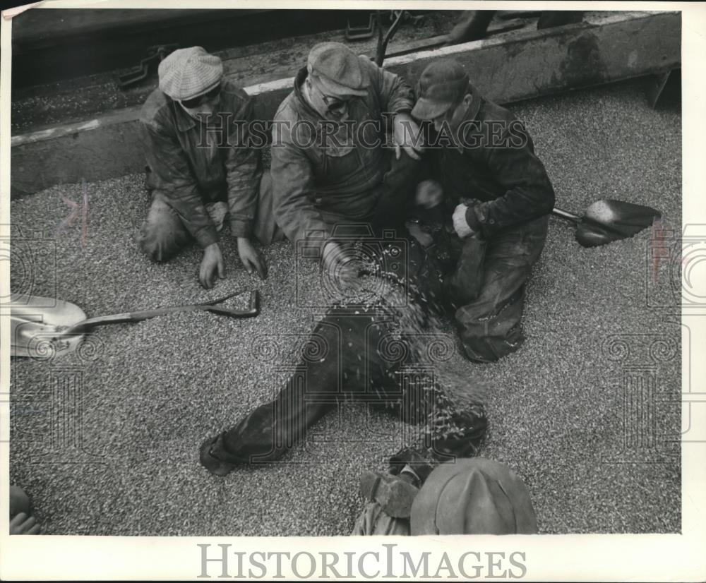 Press Photo Men Wrestle in Barley and Corn After Work Is Done - mjb28284 - Historic Images