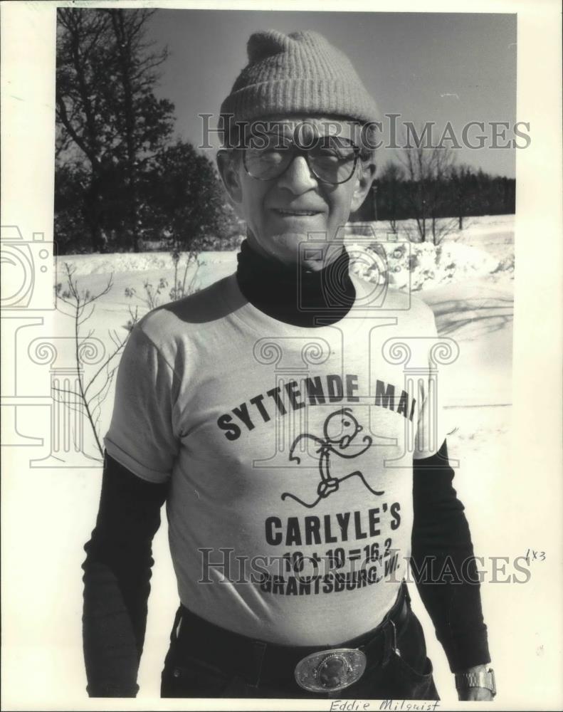 1986 Press Photo Eddie Milquist runs Grantsburg&#39;s Frigid Five, Wisconsin - Historic Images