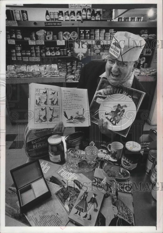 1976 Press Photo John E. Przybylski in his Polish imports store. - mjb43715 - Historic Images