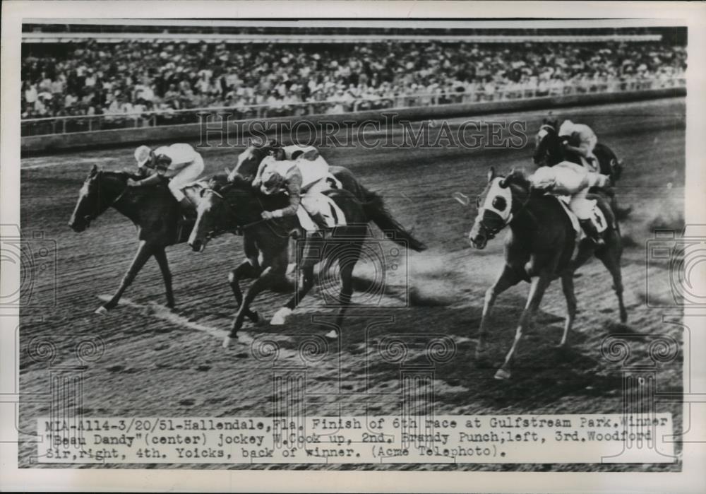 1951 Press Photo &quot;Beau Dandy&quot; and Jockey W. Cook Win 6th Race at Gulfstream Park - Historic Images