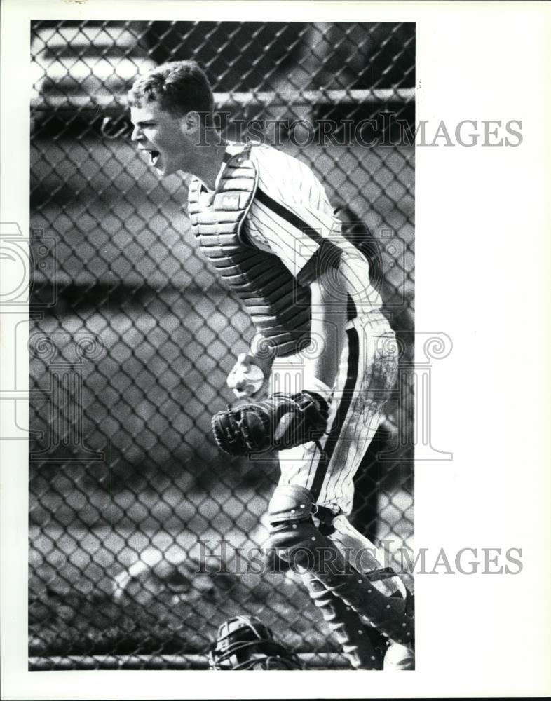 Press Photo Brunswick catcher Jeff Schuster celebrated his tag at home plate - Historic Images