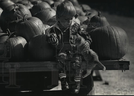 1992 Press Photo Ross Spieker holds a kitten and tiny pumpkin in Milwaukee - Historic Images