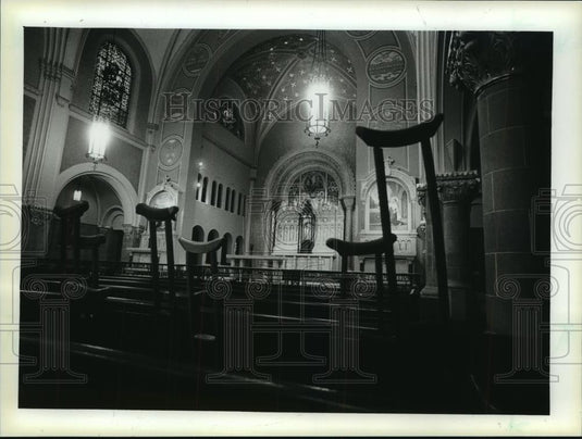 1984 Press Photo Crutches Removed during Renovation at Holy Hill in Wisconsin - Historic Images